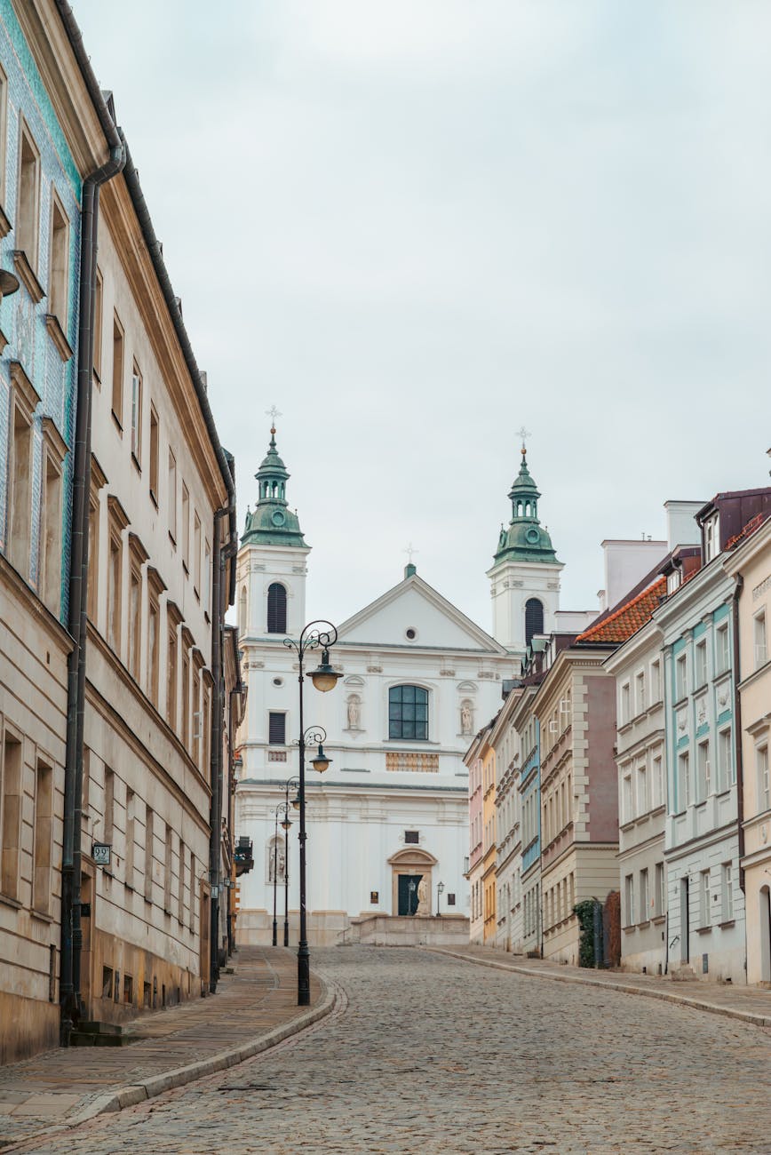 charming street view of historic church in warsaw